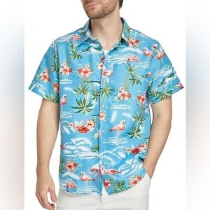 SSLR Men’s Collection Aqua Tropical Flamingo Hawaiian Button Up Shirt size S